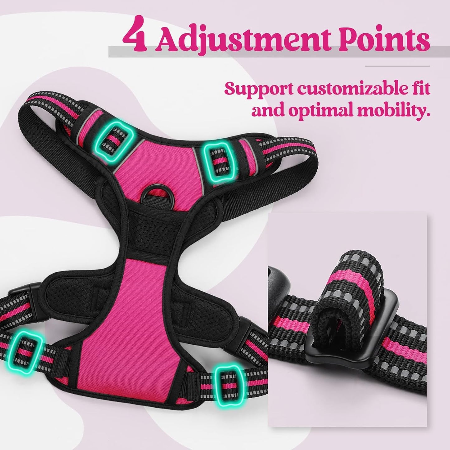 rabbitgoo Dog Harness No Pull with 2 Leash Clips, Adjustable Soft Padded, Reflective Oxford No Choke Pet Vest with Easy Control Handle for Large Dogs, Hot Pink, L