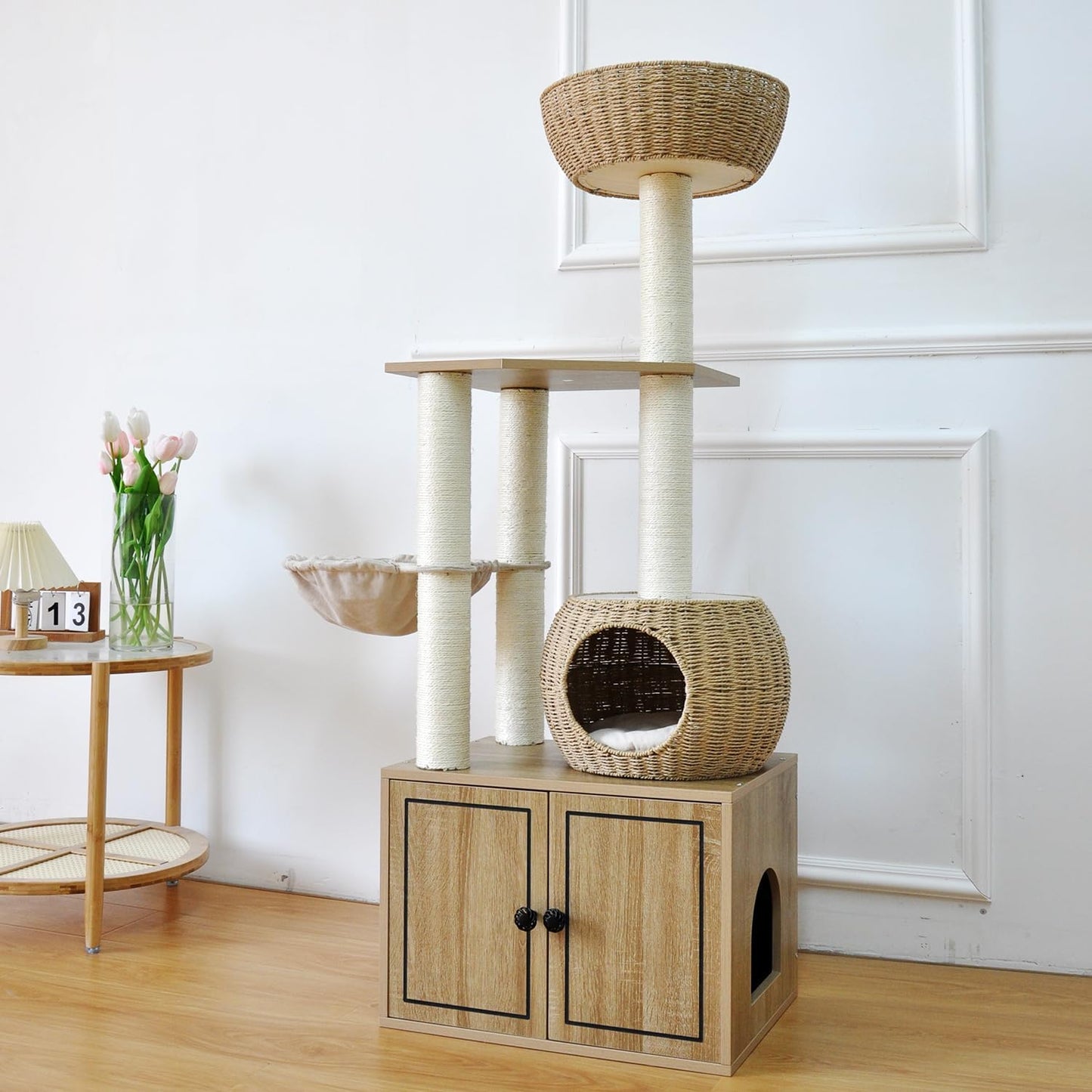 56.7" Tall Rattan Cat Tree for Indoor Cats, Multi-Level Wooden Cat Tower with Scratching Posts, Large Cat Climbing Furniture with Perches