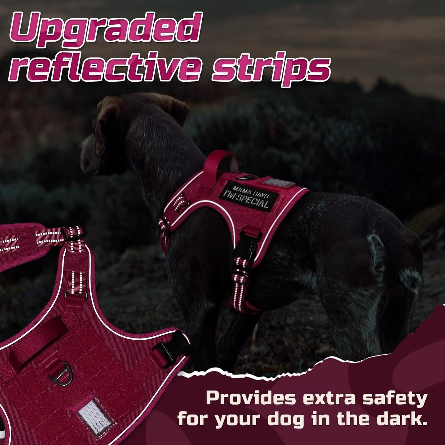 rabbitgoo Tactical Dog Harness for Large Dogs, No Pull Military Service Vest with Handle & Molle, Easy Control for Training Walking, Adjustable Reflective Straps, Rose Red, XL