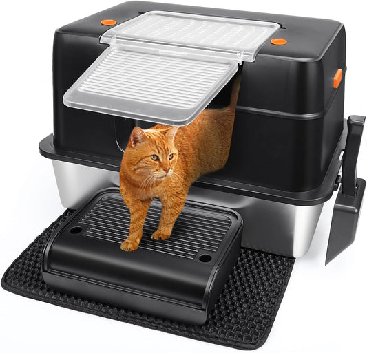 Vivifying Stainless Steel Litter Box, XL Side Entry Extra Large Litter Box with Lid for Big Cats & Kitty, Removable Enclosed Metal Cat Pan with High Sided Enclosure, Scoop, Mat, Footboard (Black)