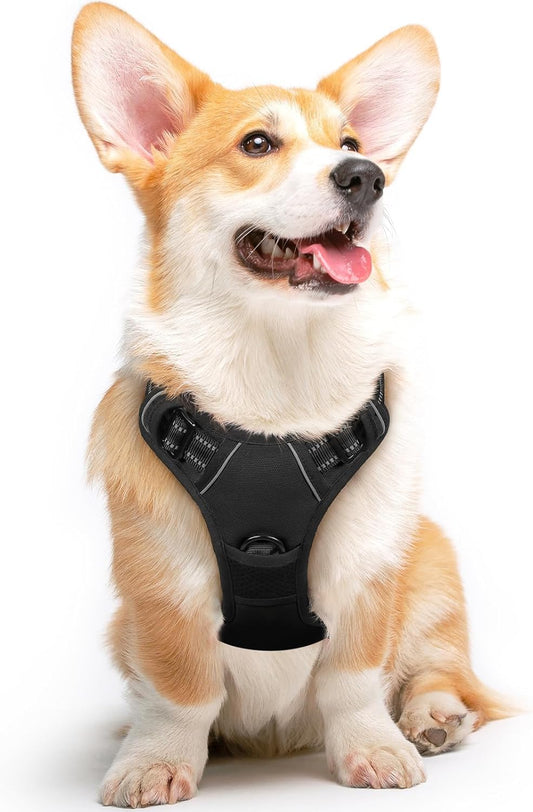 Eagloo Dog Harness Medium Sized Dog, No Pull Service Vest with Reflective Strips and Control Handle, Adjustable and Comfortable for Walking, No Choke Pet Harness with 2 Metal Rings, Black, M