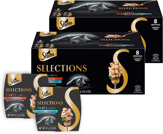Sheba Selections Filets in Broth Adult Wet Cat Meal Complement Chicken or Tuna Recipe, 1.3 oz. Cups, 8 Count (Pack of 2)