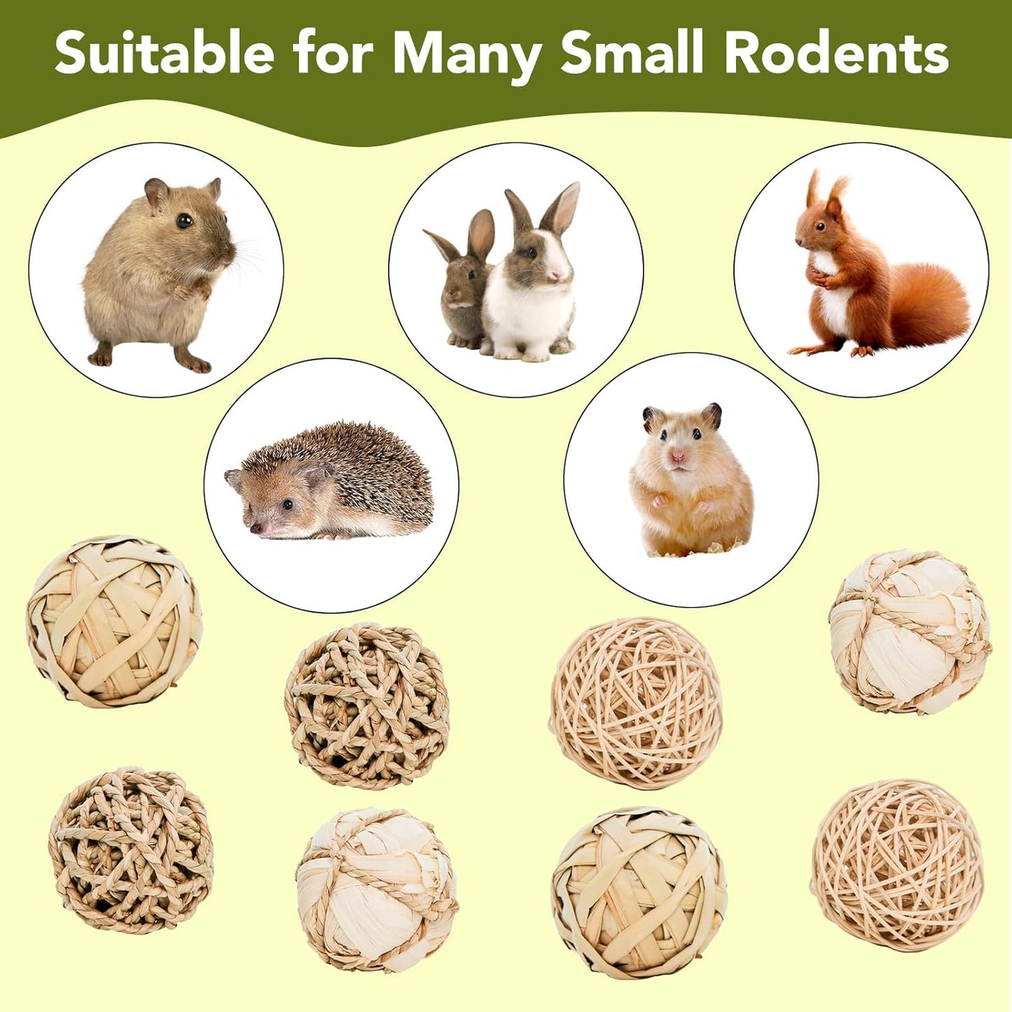 8 Pack Small Pet Chew Toys - 7cm Natural Woven Balls for Rabbits, Guinea Pigs, Hamsters (2 Seagrass, 2 Rattan, 2 Corn Husk, 2 Seaweed Rope) - Safe Dental Grinding Toys