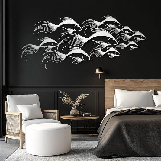 School of Fish Metal Wall Art, Metal Fish Wall Decor, Sea Life Wall Art, Large Nautical Wall Hanging, Modern Beach House Wall Decor, Ocean Themed Artwork for Bathroom (Silver, 24"x10" | 60x25cm)