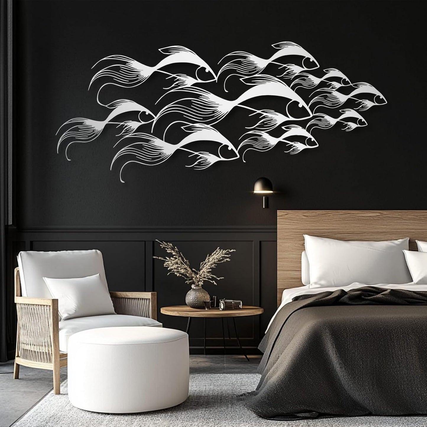 School of Fish Metal Wall Art, Metal Fish Wall Decor, Sea Life Wall Art, Large Nautical Wall Hanging, Modern Beach House Wall Decor, Ocean Themed Artwork for Bathroom (Gold, 30"x12" | 76x32cm)