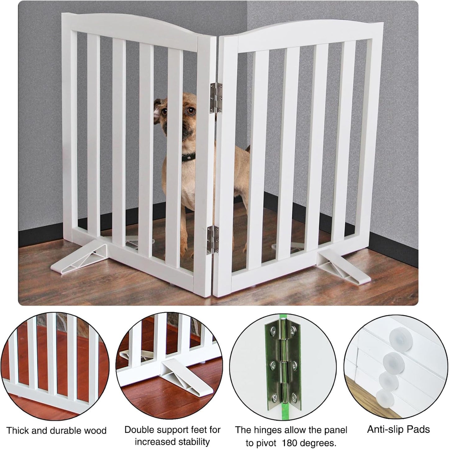 ZJSF Foldable Freestanding Indoor Dog Gate for House Wood White Long Pet Gates Dog Fence for Stairs Puppy Gates for Hallways,Pet Fence, Puppy Gate,Support Feet Included 24 "Height-2 Panels