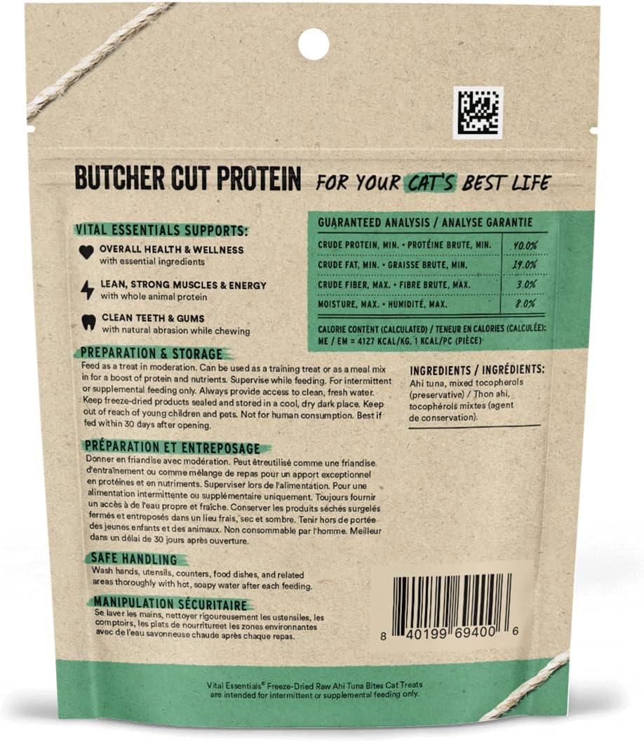 Vital Essentials Ahi Tuna Bites Cat Treats, 1.1 oz | Freeze-Dried Raw | Single Protein | Grain Free, Gluten Free, Filler Free
