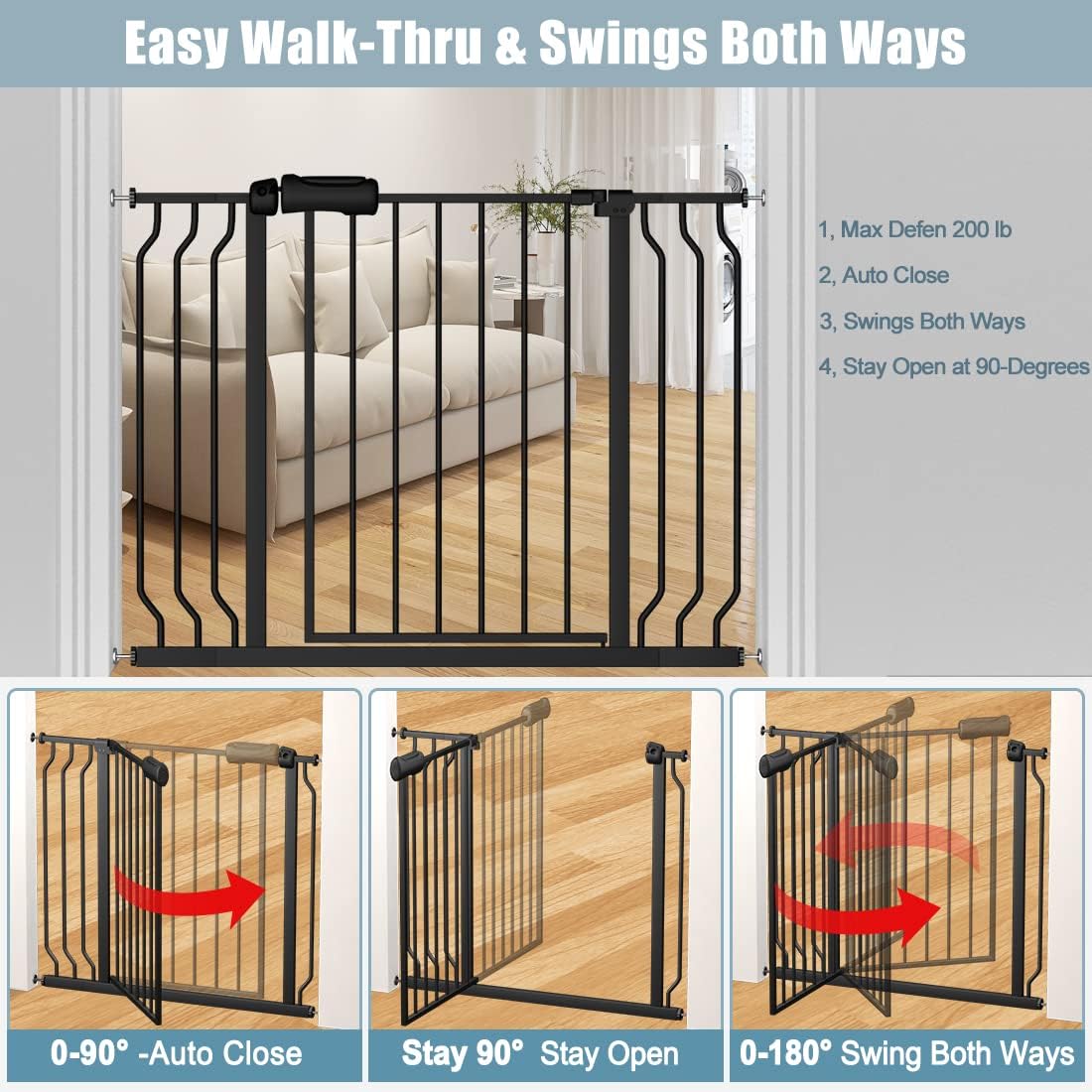 Extra Wide Baby Gate 57.5-62 Inch Black Walk THR Dog Gates Doorways House No Drill Pressure Mounted Auto Close Long Child Safety Gate for Kids and Pet