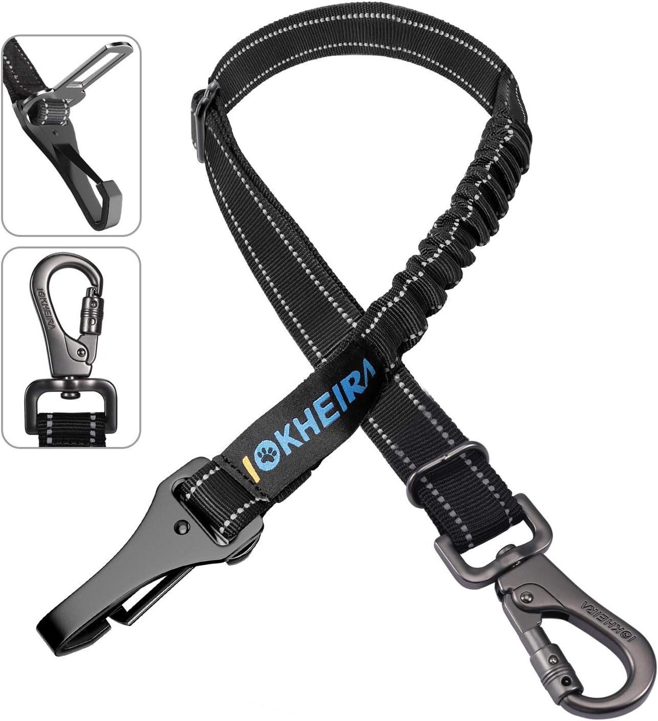 Dog Seat Belt 3-in-1 Car Harness for Dogs Adjustable Safety Seatbelt for Car Nylon Reflective Bungee Fabric Dog Car Harness with Clip Hook Latch & Buckle, Swivel Zinc Alloy Carabiner (Black)