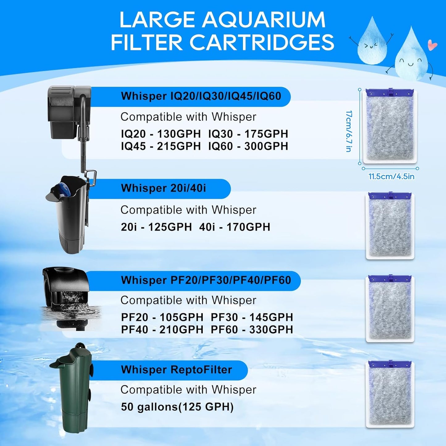 10-Pack Filter Cartridges Large Compatible with Tetra Whisper Bio-Bag Aquarium Filters, Fish Tank Filters Replacement for Aquariums for Whisper Filter 20i 40i/ IQ 20 30 45 60/ PF20 30 40 60