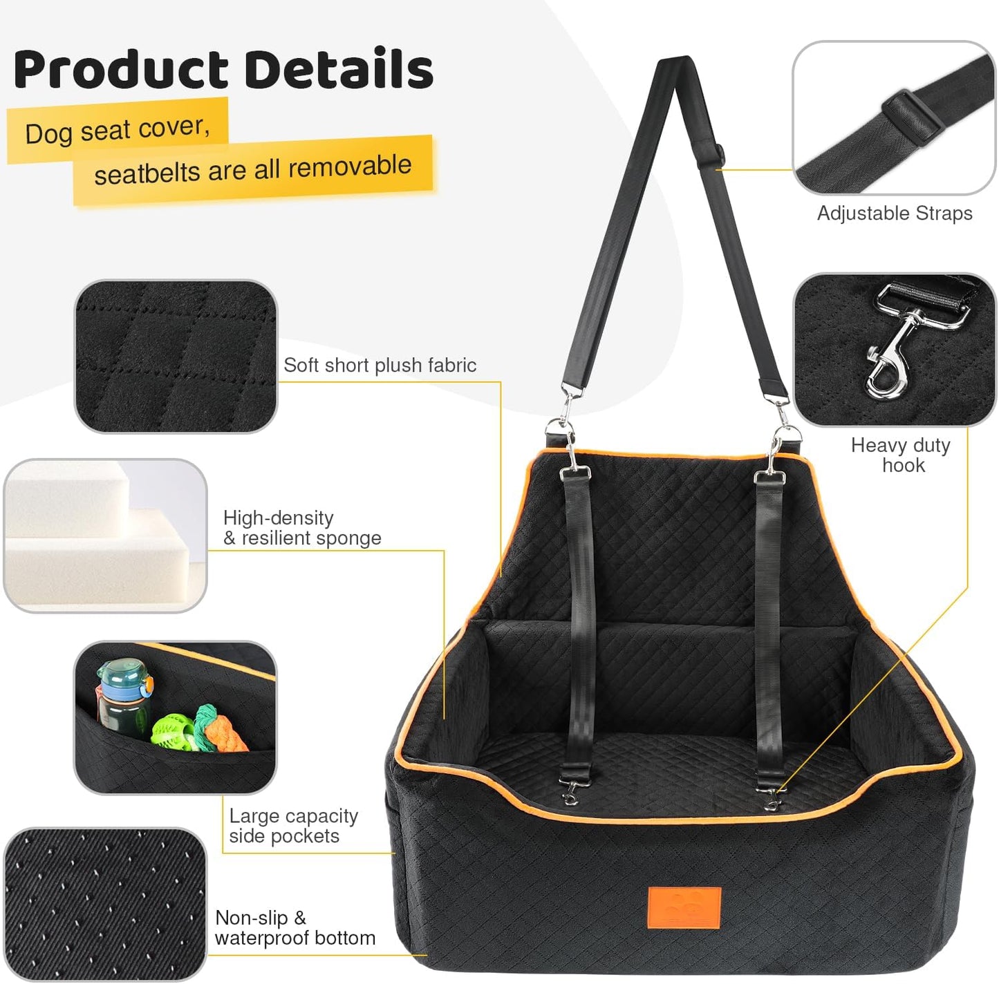 Dog Car Seat for Large/Medium Dog, Booster Seat for Dogs Under 55Lbs or 2 Small, Detachable and Washable Travel Pet Seat with Thick Cushion and Storage Pockets (Black)