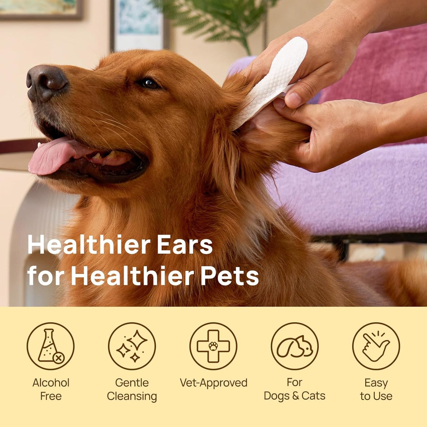 HICC PET Dog Ear Wipes Finger 100 Count Dog Ear Cleaner Wipes for Dogs & Cats, Dog Ear Infection Treatment to Relieve Ear Itching & Inflammation, Remove Ear Wax, Dirt, Smelly - Honey Scent