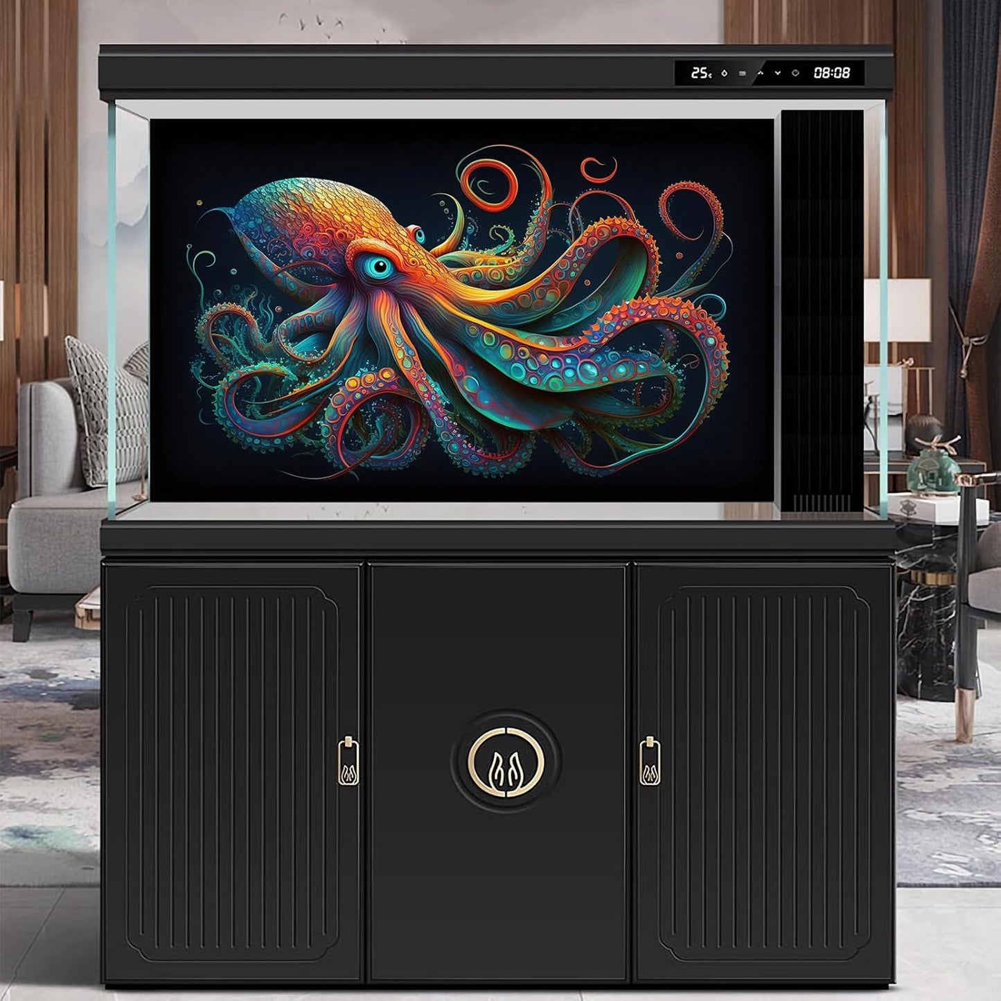 Octopus Aquarium Background Abstract Colorful Octopus Terrarium Background Glowing Octopus on Black Background Fish Tank Backdrop Poster Wallpaper Decorations Vinyl 30x18in