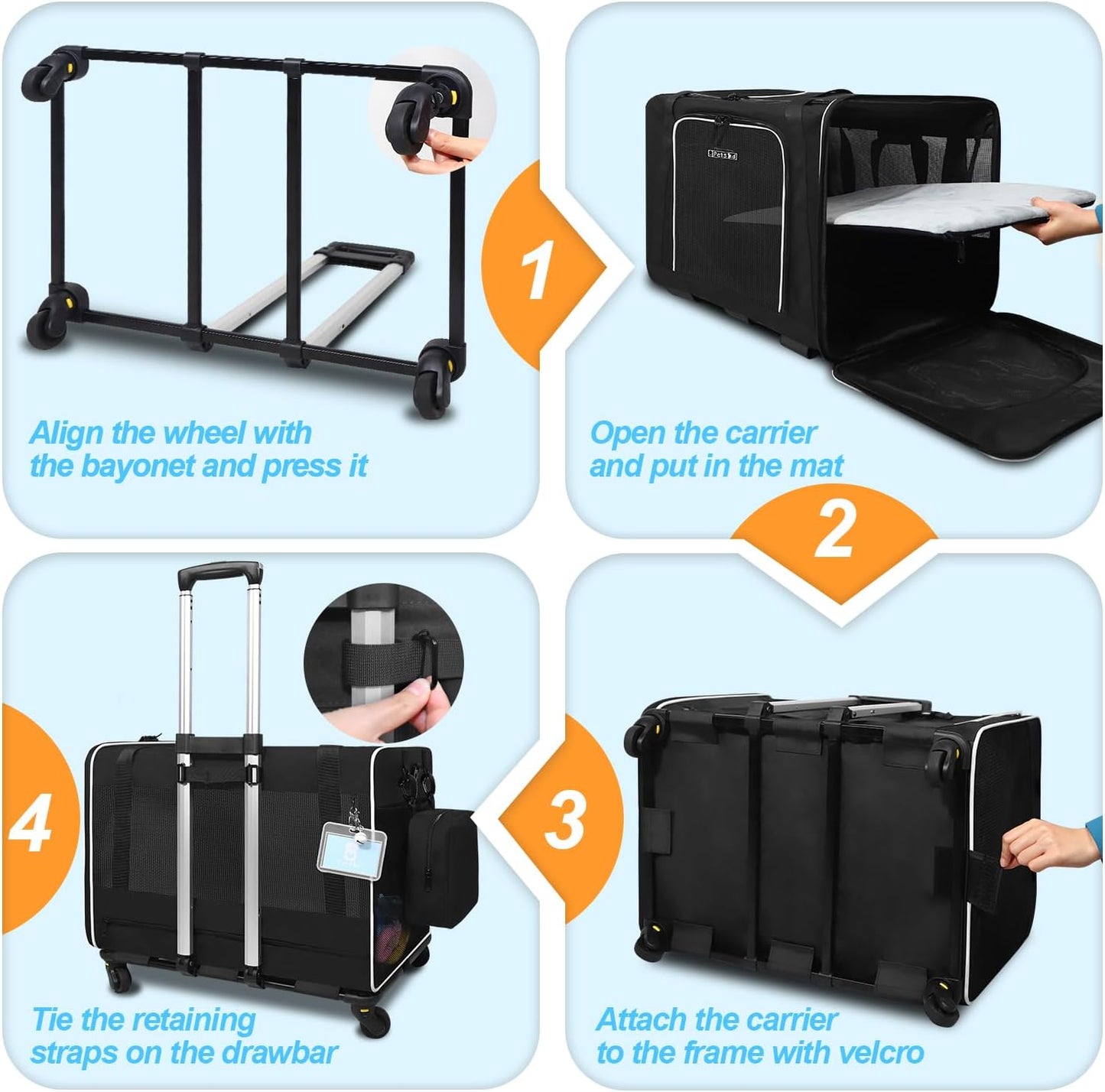 Petskd Extra Large Cat Carrier with Wheels and Litter Box 24"x17"x17" for Large Cat or 2 Small Cats, Collapsible Soft Sided Pet Carrier for Car Travel with Lockable Safety Zippers(Black)