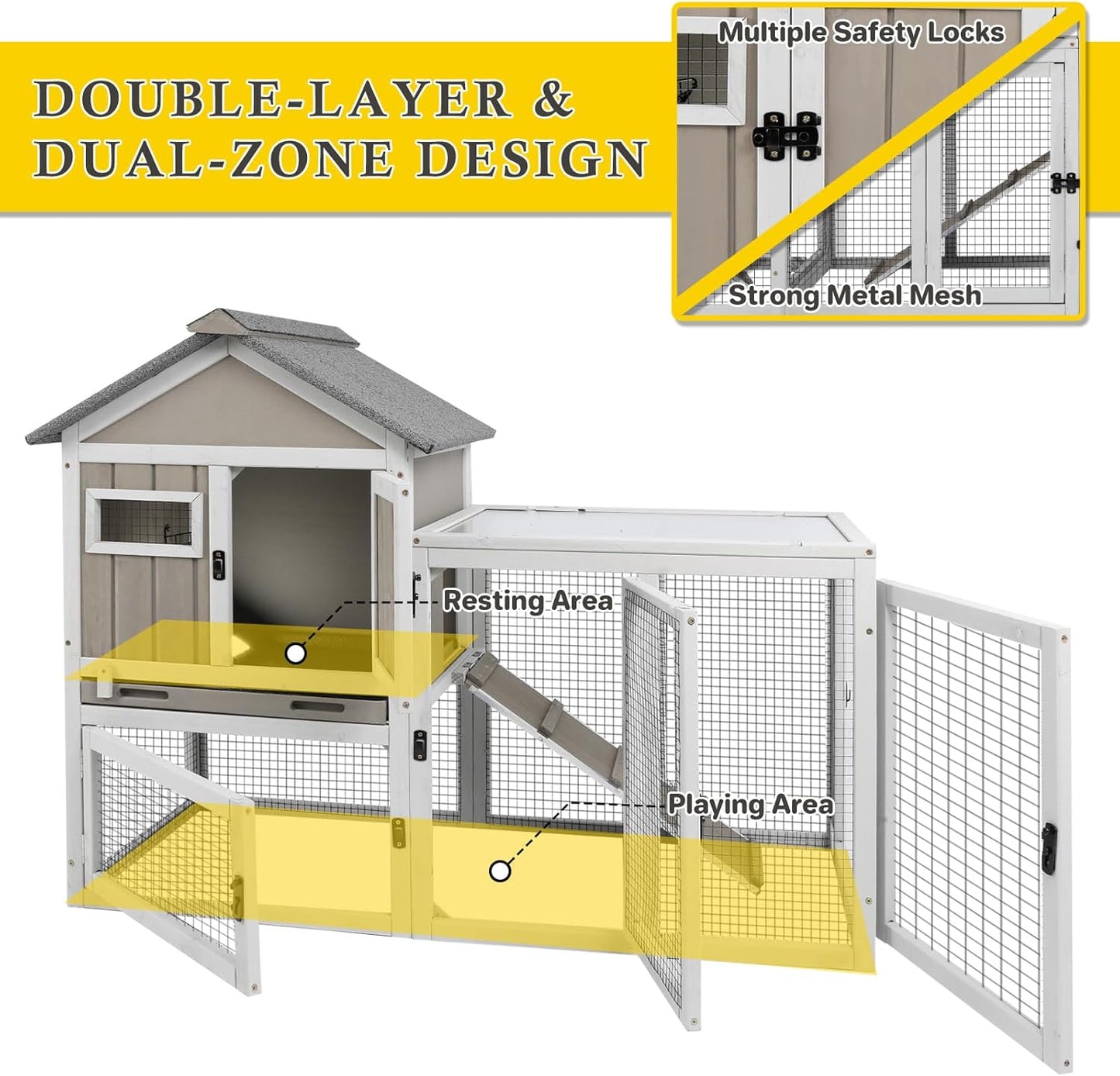 94''L Rabbit Hutch Outdoor Chicken Coop with Run, Wooden Indoor 2 Story Bunny House with Waterproof Roof, Pull Out Tray, Guinea Pig Rabbit Duck Cage for Small to Medium Animals and Pet Lover, Gray