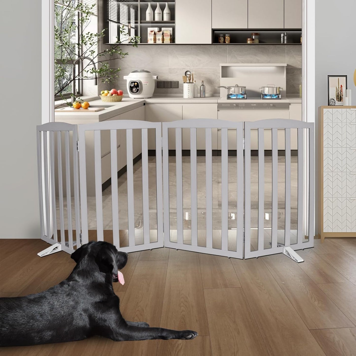 ZJSF Foldable Freestanding Indoor Dog Gate for House Wood Long Pet Gates Dog Fence for Stairs Puppy Gates for Hallways, Puppy Gate,Support Feet Included, Grey, 32 "Height-4 Panels