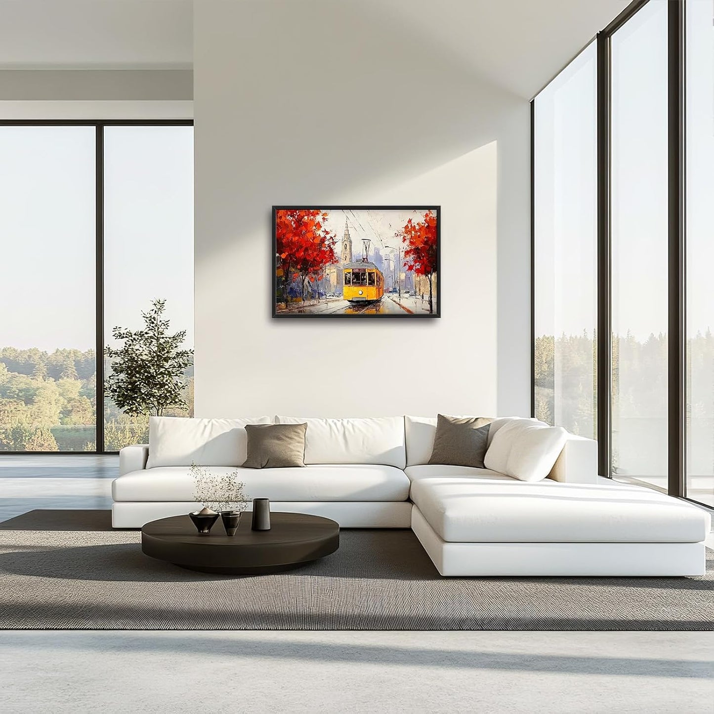Large Cityscape Wall Art for Living Room, Framed Oversized Urban Tram Wall Decor Tree Landscape Canvas Painting Modern Artwork for Living Room Bathroom Bedroom Office Dining Room 36"x24"
