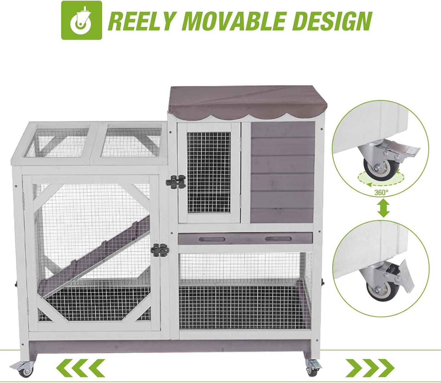 GUTINNEEN 2-Story Rabbit Hutch Indoor with Chew-Proof Design & Slide-Out Trays - Wooden Small Animal Cage Guinea Pig Cages with Lockable Wheels for 2-3 Rabbits, Bunnies, Guinea Pigs (Grey)