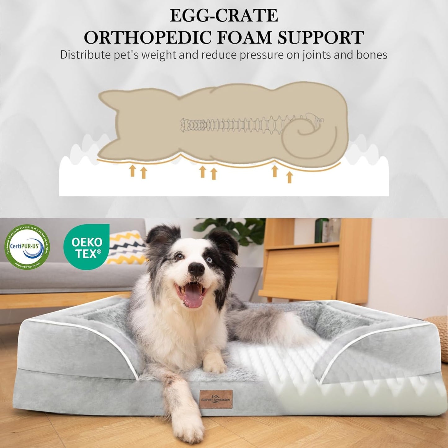 Comfort Expression Large Dog Beds Orthopedic Foam, Waterproof Dog Beds for Dogs Sofa Comfy Pet Bed with Washable Removable Cover & Non-Slip Bottom(Large,Grey White)