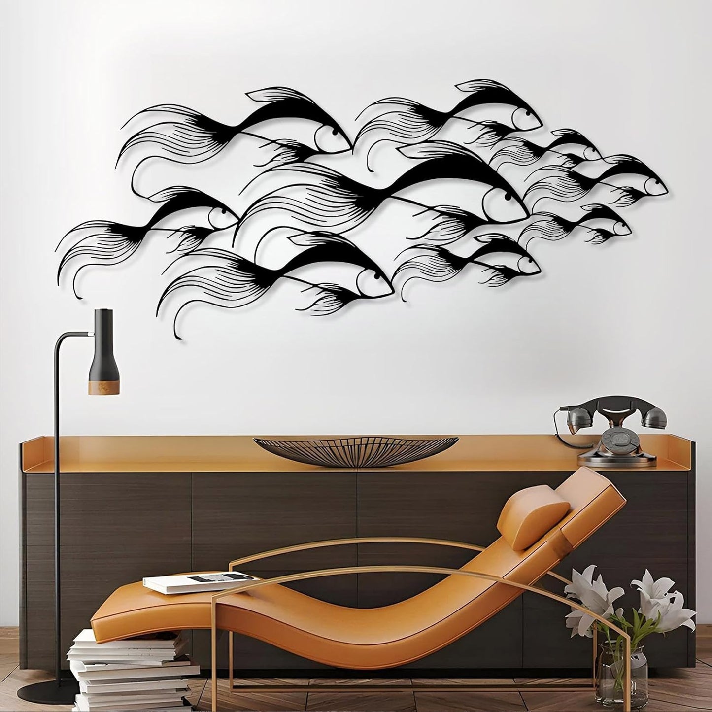 School of Fish Metal Wall Art, Metal Fish Wall Decor, Sea Life Wall Art, Large Nautical Wall Hanging, Modern Beach House Wall Decor, Ocean Themed Artwork for Bathroom (Silver, 48"x20" | 121x51cm)