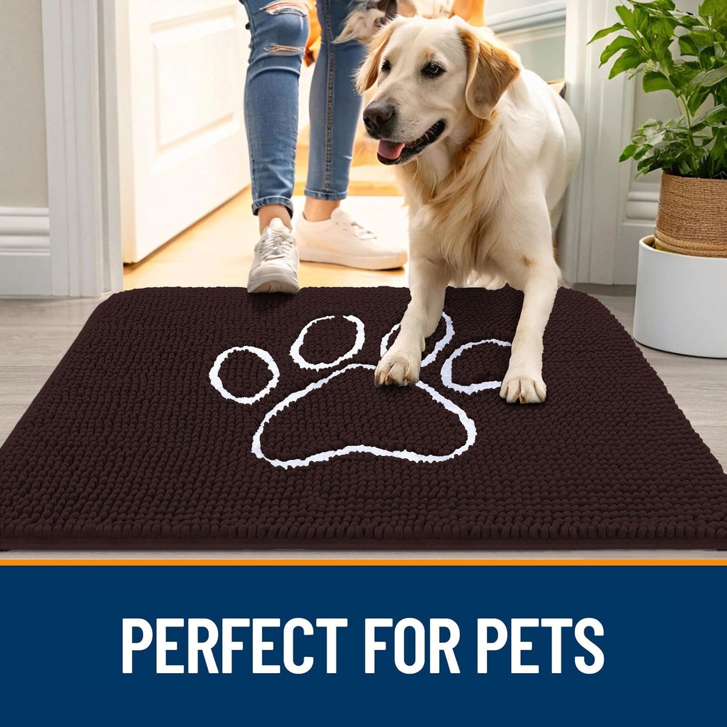 OLANLY Door Mat for Muddy Dog Paws 70x46, Ultra Absorbent Chenille Mud Doormat with Paw Print Design, Non-Slip Washable Doormat for Indoor Entryway, Quick-Dry Pet Bed Mats for Dirty Dogs, Brown