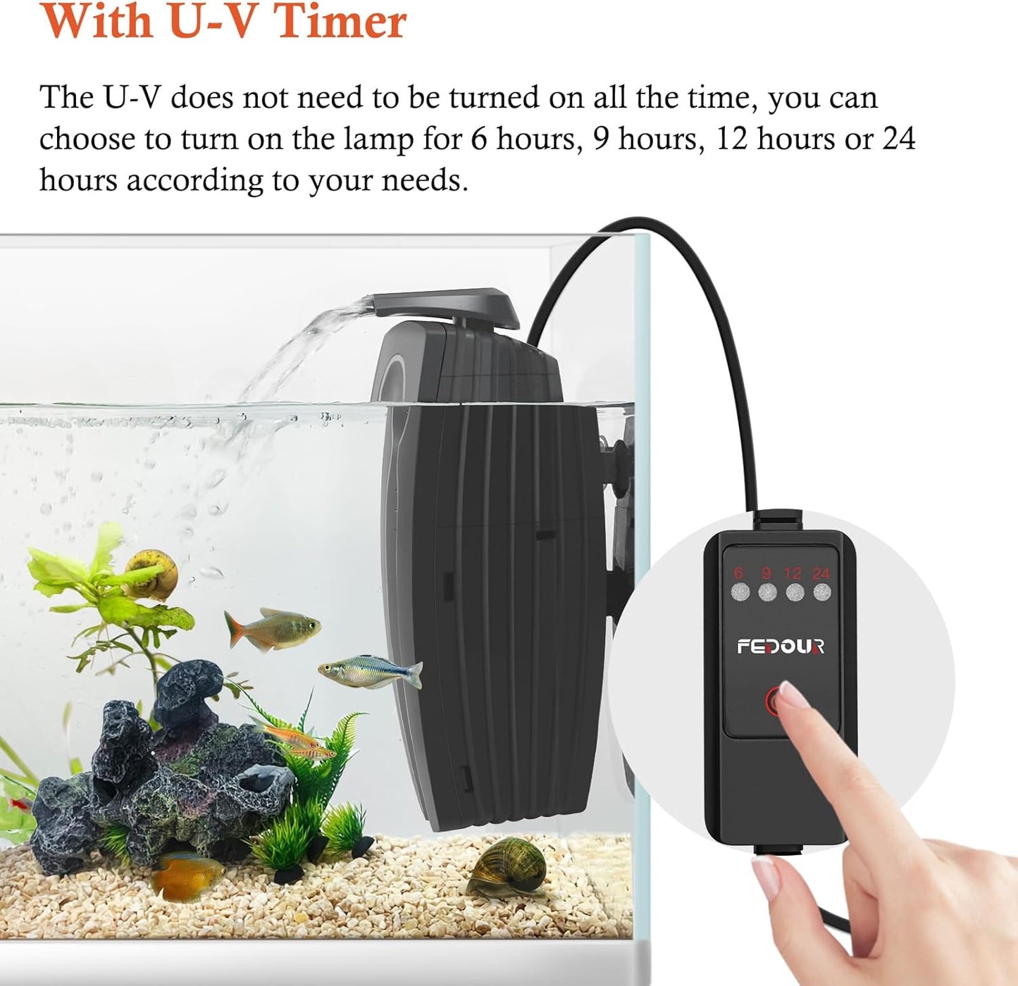 FEDOUR 165GPH Aquarium Filter U-V, 8W Adjustable Fish Tank Filter, U-V Submersible Internal Filter for 10-50 Gallon Tank, with Biochemical Cotton