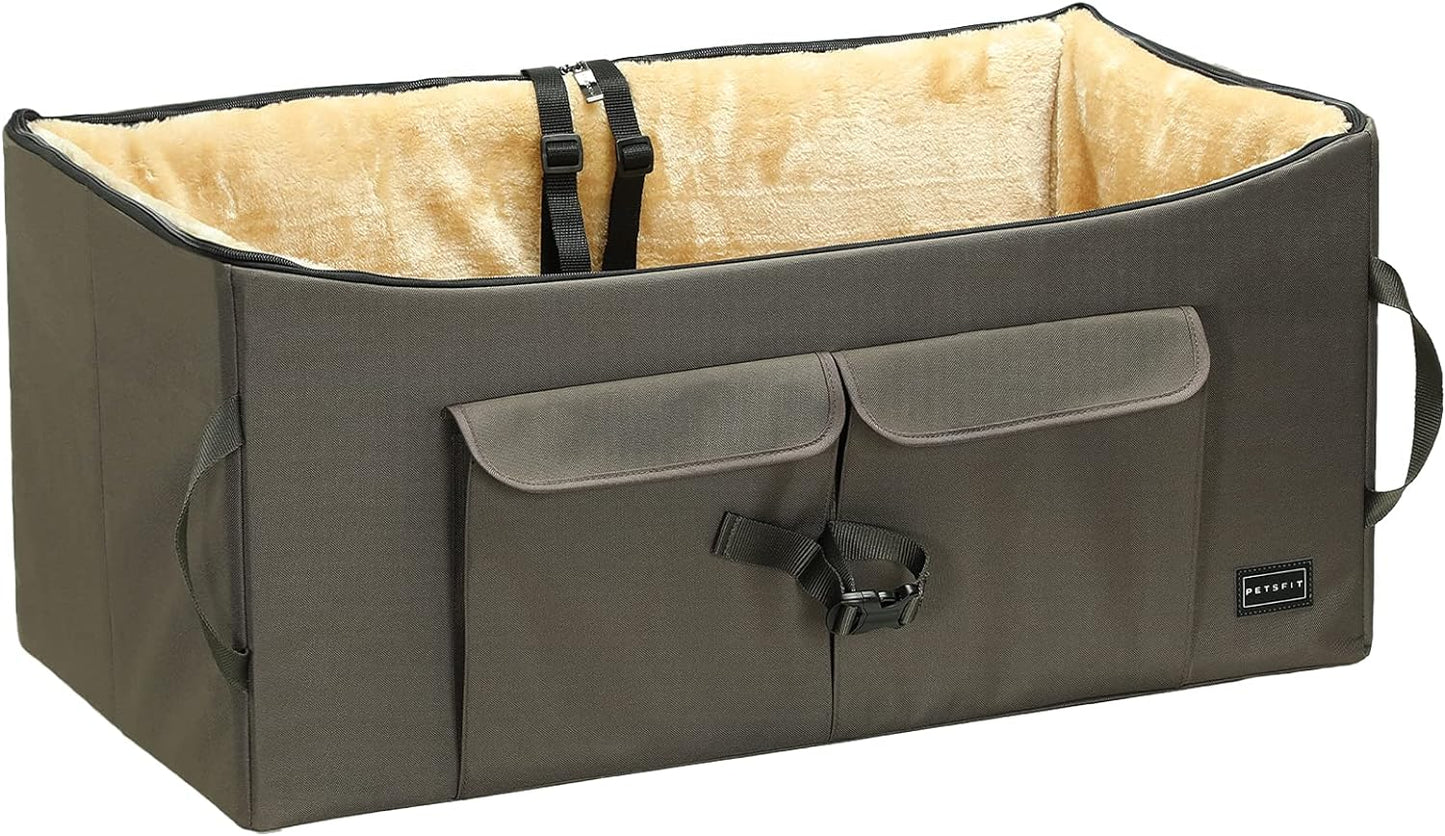 Petsfit Dog Booster Seat For 2 Small Dogs or Medium Dog up to 45 lb, Large Dog Car Seat With 2 Big Pockets for Cars, Trucks and SUVs (Large, Dark Brown)