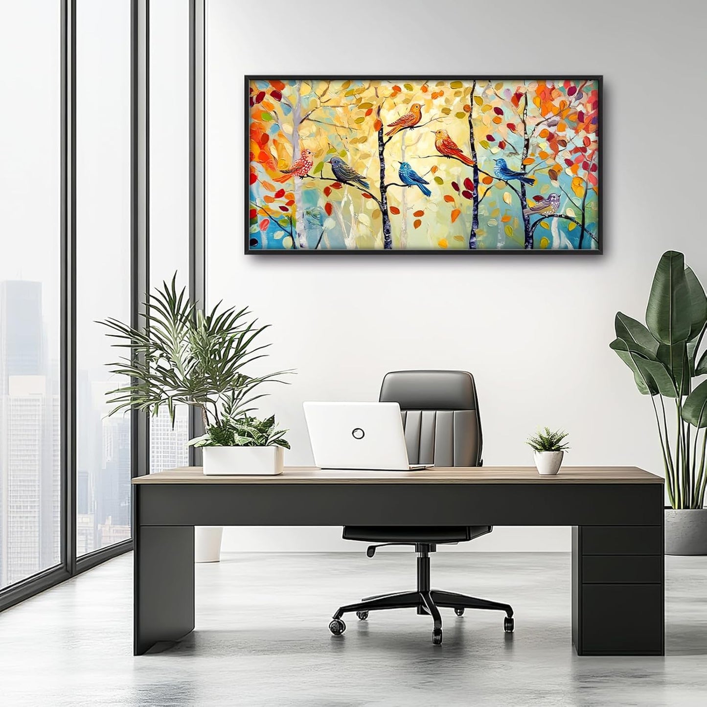 Extra Large Framed Abstract Bird Forest Wall Art,Colorful Birds Birch Tree Wall Decor Pictures for Living Room,Canvas Print Painting Modern Artwork Bedroom Office Bathroom Home Decor 60L x 30W
