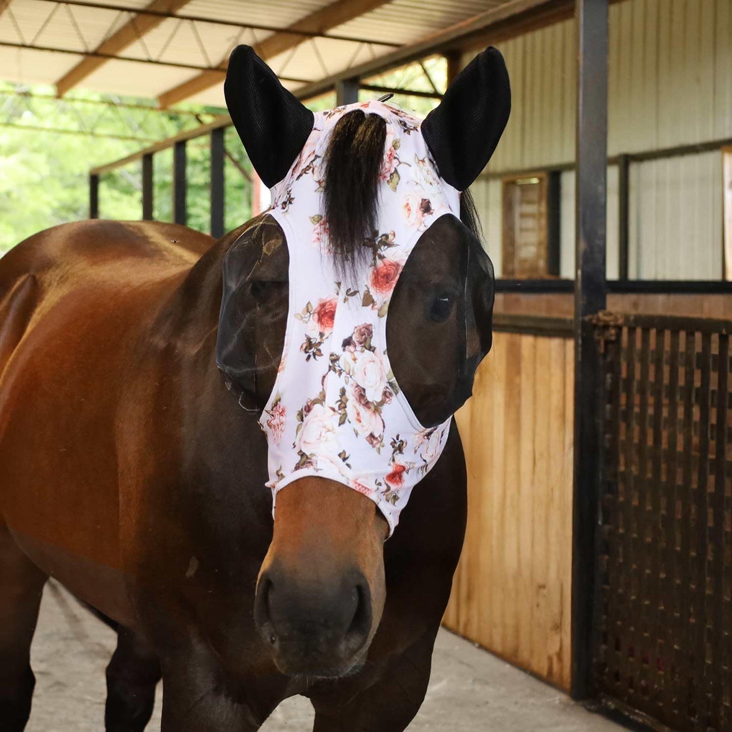 Jeffers Expression Lycra Horse Fly Mask – Full Size, Rose Garden – Lightweight Stretch Horse Mask with Mesh Eyes & Ears, Breathable Lycra Fly Mask for Horses, Equine Summer Apparel & Gear