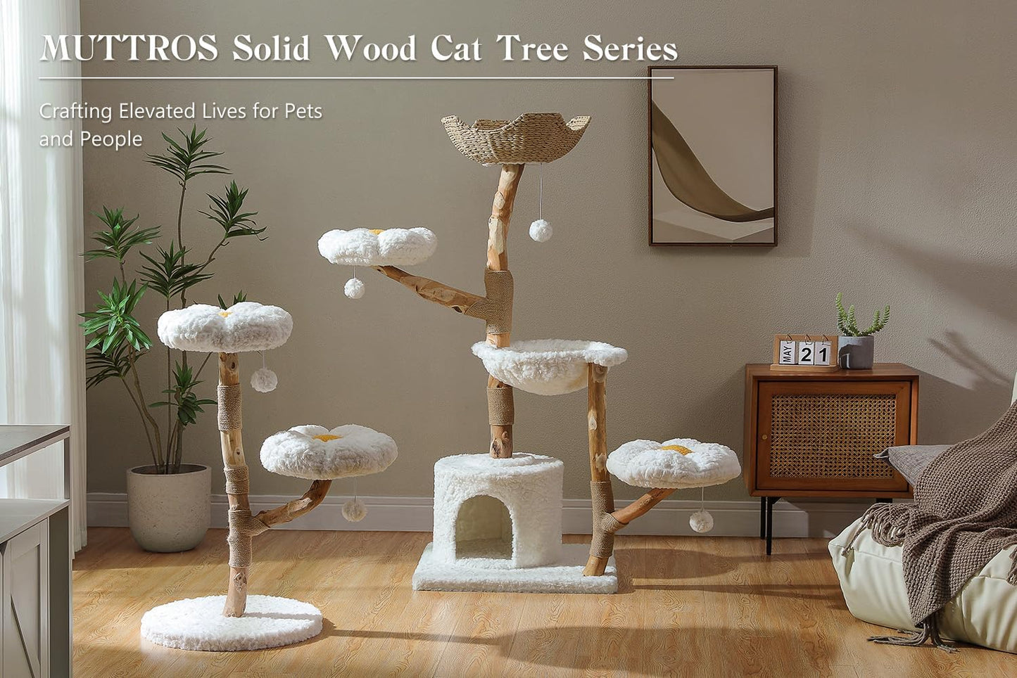 59" Modern Cat Tree Tower for Large Cats w/2 Flower Perches-Natural Solid Wood Scratching Post with Real Branch-Luxury Boho Cat Furniture w/Condo & Wicker Basket Bed, Cloud White