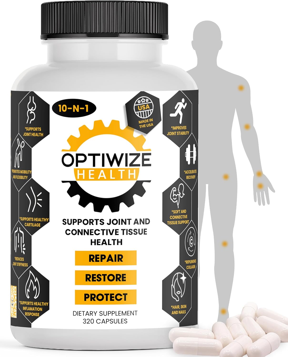 10-in-1 Joint Support Hydrolyzed Collagen,MSM, Hyaluronic Acid, Glucosamine,Chondroitin & More- Targets Joint Discomfort, Improves Mobility & Flexibility 320 Caps for Men & Women Made in USA