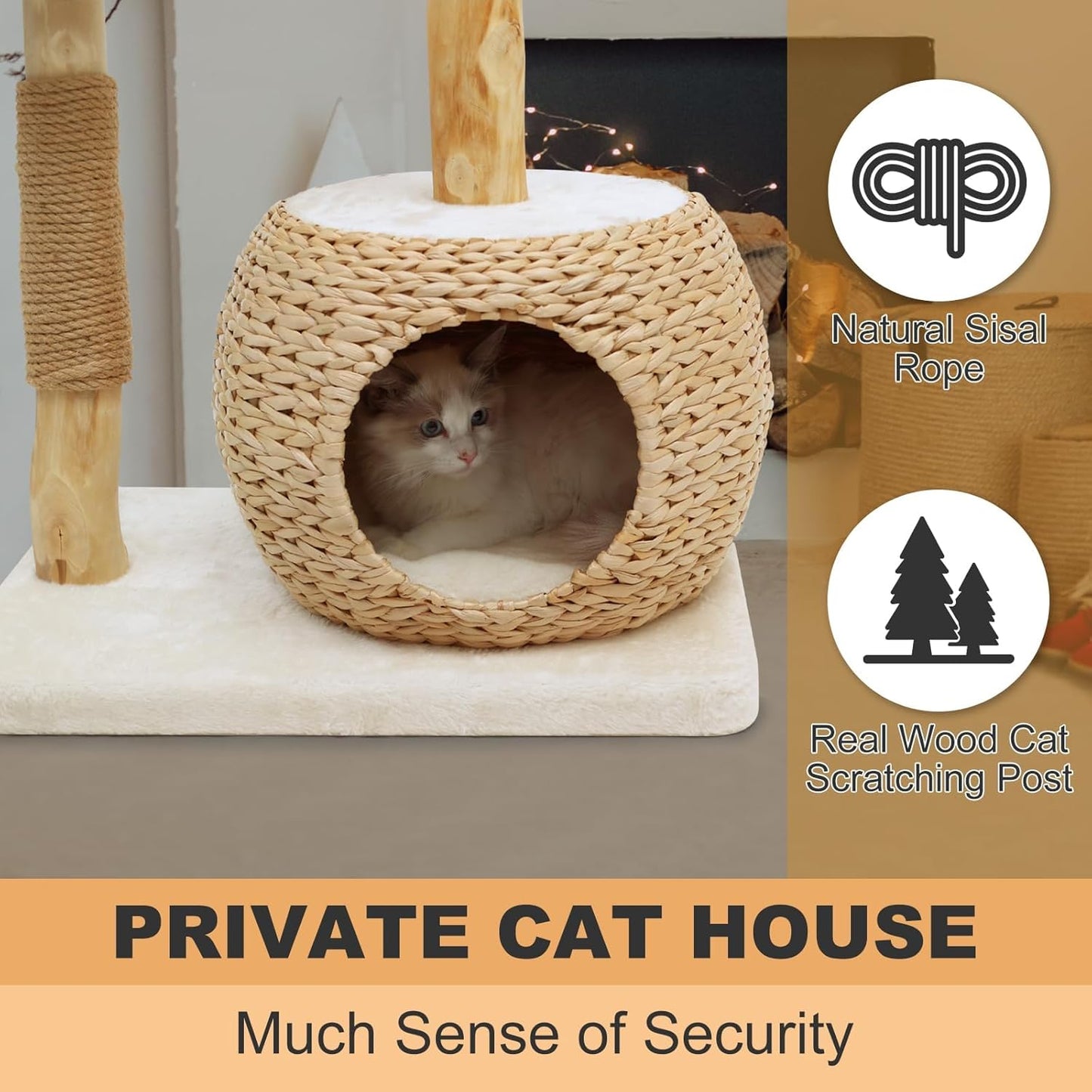 Modern Cat Tree Tower for Indoor Cats, Real Branch Luxury Cat Condo with Scratching Post, Jumping Platforms, Hanging Toy Ball for Multi-Cat Households
