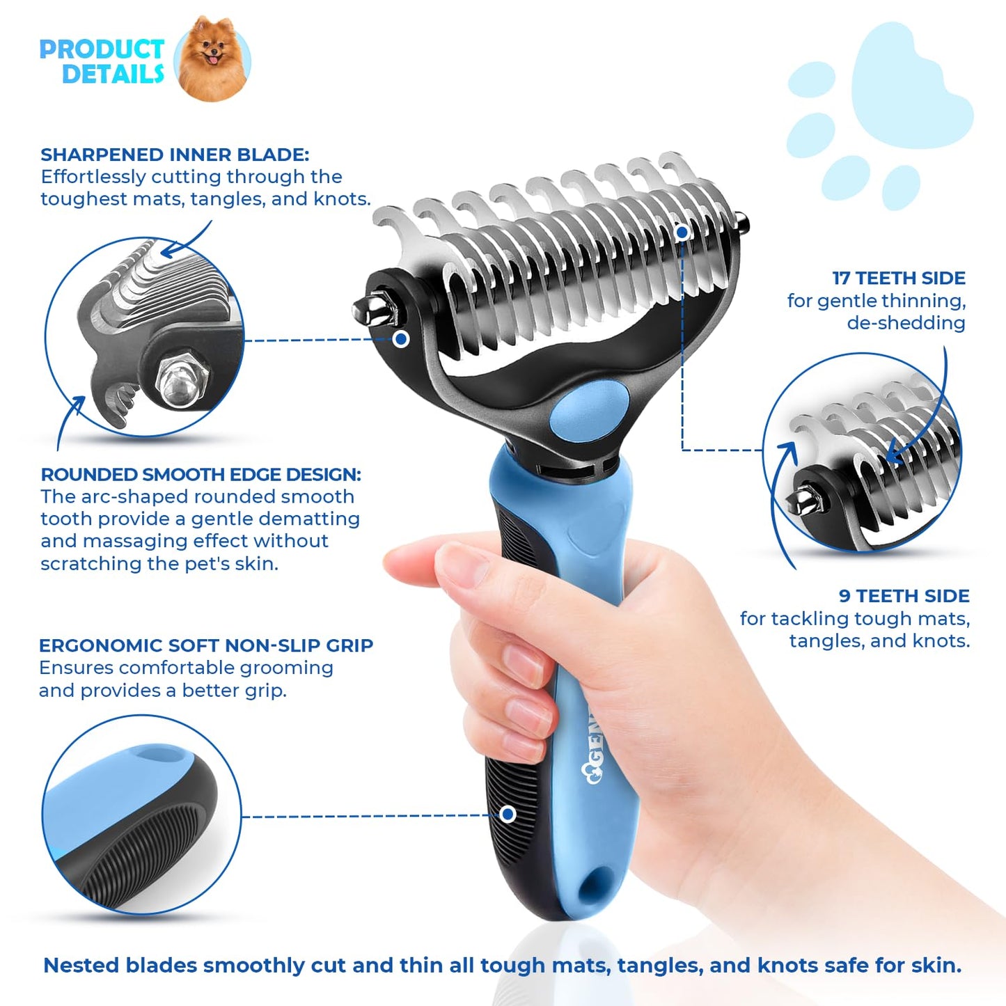 Undercoat Rake for Dogs & Cats, Dematting Comb with Extra Wide Double-Sided Stainless Steel Teeth for Detangling, Deshedding, Brushing, Thinning & Removing Shed Fur, Knots, Mats, and Tangles in Pets