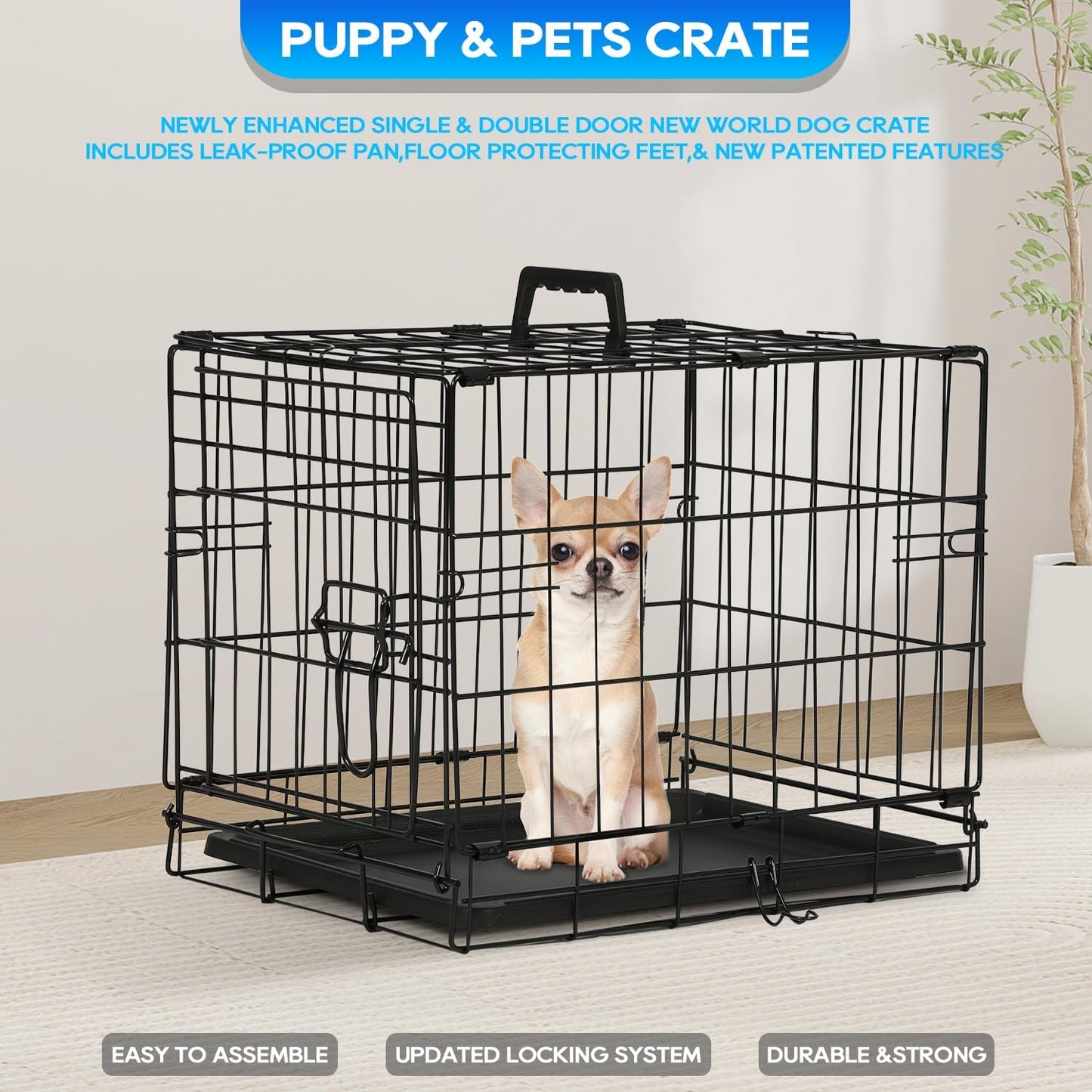 FDW Dog Crate for Small Dogs 18 Inch Folding Metal Wire Pet Cage Double Door W/Divider Panel Indoor Outdoor Kennel Leak-Proof Plastic Tray,Black