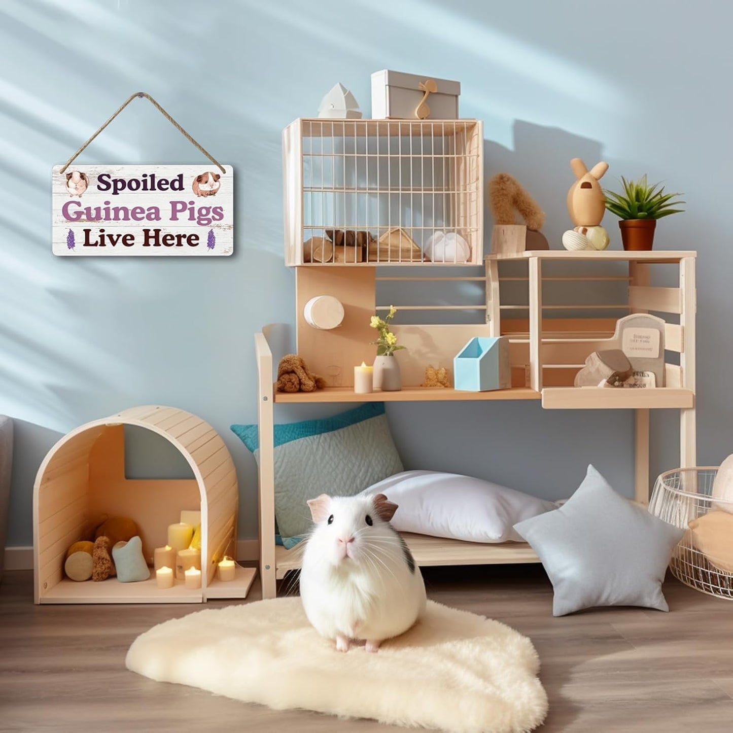 Big Hamster Ball & Guinea Pig Hideout - Stuffed Animals & Accessories for Guinea Pig Cage - 12x6 In Wooden Sign
