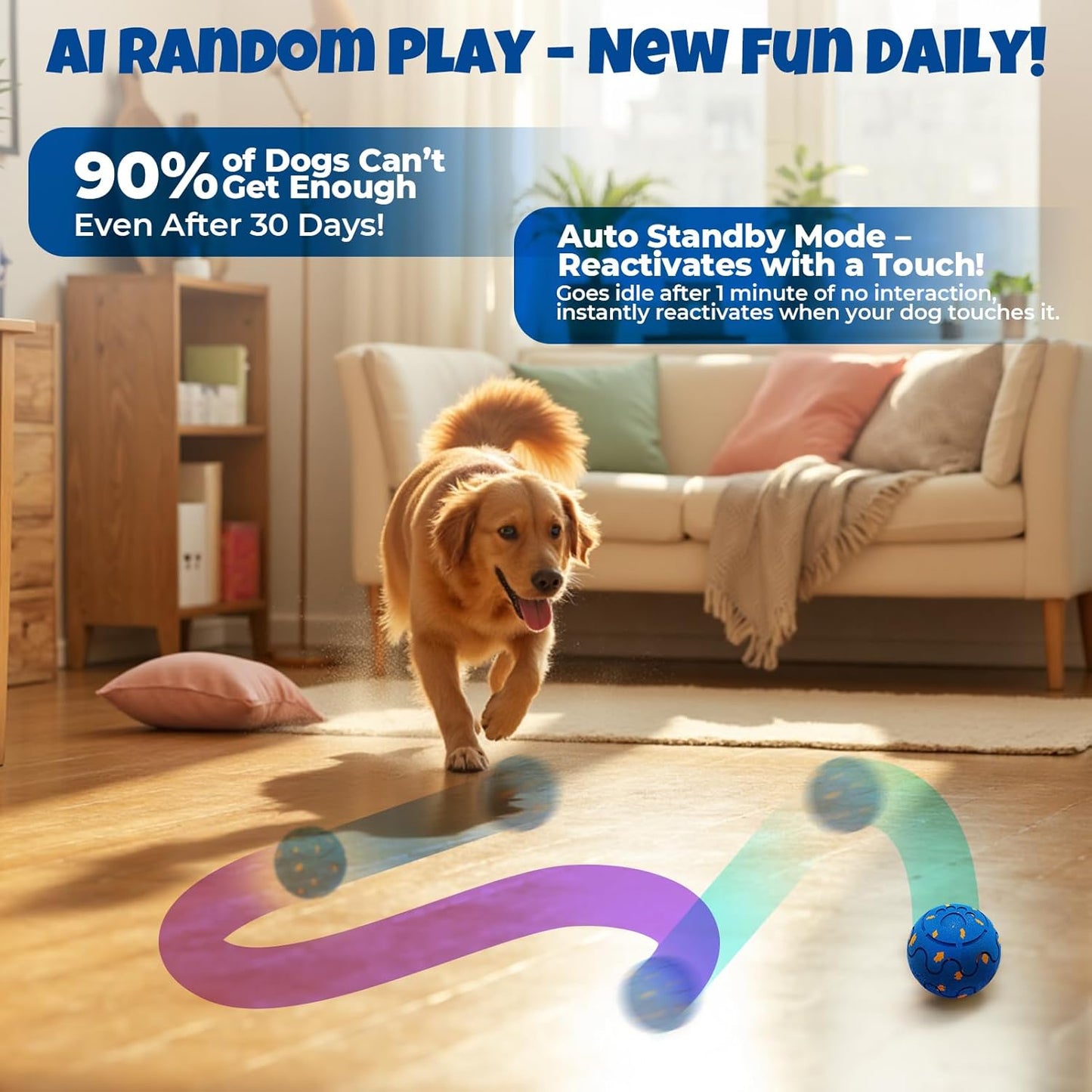 Dog Balls: Interactive Dog Ball Auto Rolling - Interactive Dog Toys for Aggressive Chewers - Bouncy & Throwable, Type-C Rechargeable, Washable, for Small & Medium & Large Dogs – Blue