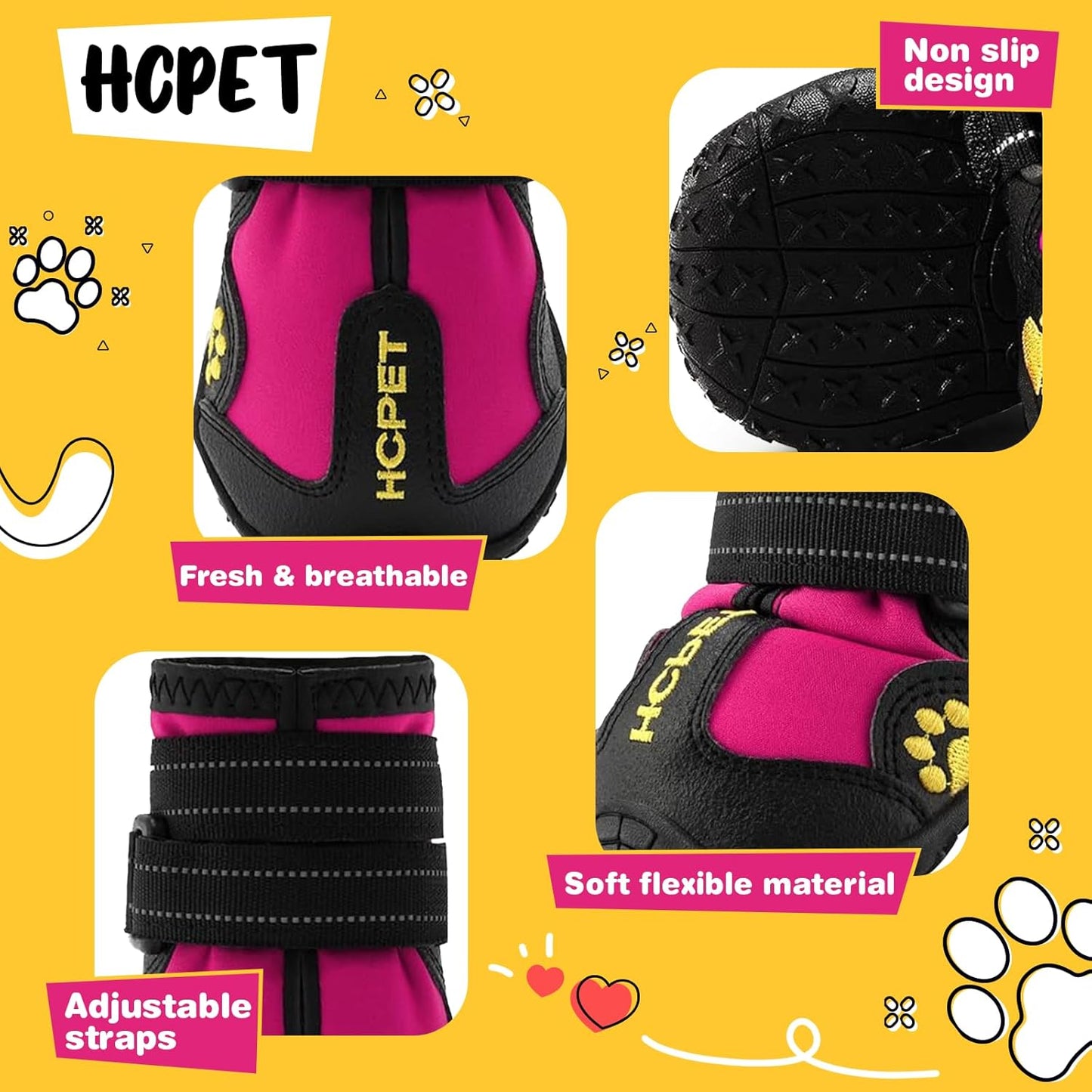 Hcpet Dog Shoes, Dog Boots for Small Dogs, Waterproof Medium Dog Booties Paw Protector for Summer Hot Pavement, Winter Snowy Day, Outdoor Walking, Indoor Hardfloors Anti Slip Sole Pink Size 4