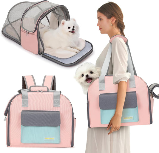Expandable Pet Carrier Backpack, Cat Carrier Backpacks with Breathable Mesh for Cats Small Dogs Puppies Up to 25 Lbs Airline Approved Waterproof Travel Carrier with Safety Buckle for Hiking & Flights