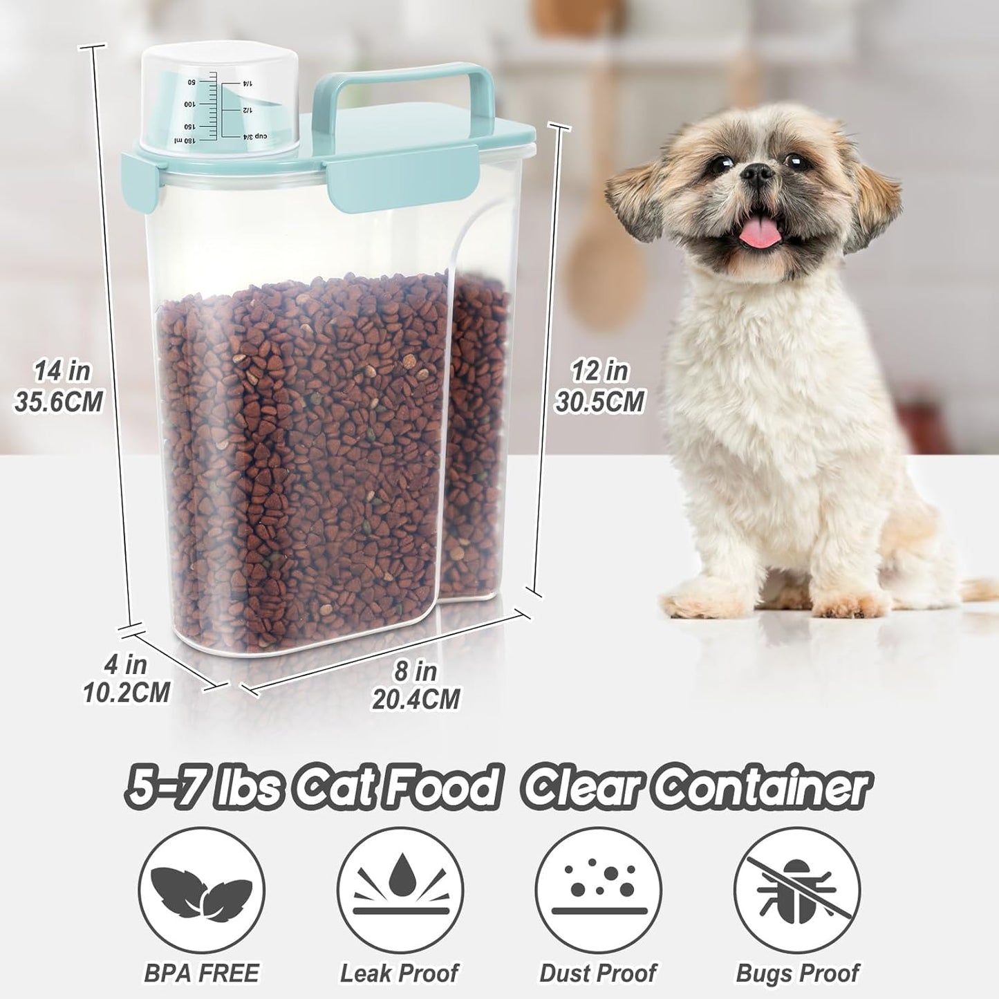 5-7Lbs Cat Dog Storage Container, Portable Pet Food Containers with Upgraded Large Spout and Cup, Small Animal Kibble Dispenser for Bird Seed, Oatmeal, Rice, Flour (2, Sky Blue, 5L)