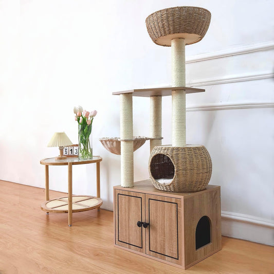 56.7" Tall Rattan Cat Tree for Indoor Cats, Multi-Level Wooden Cat Tower with Scratching Posts, Large Cat Climbing Furniture with Perches