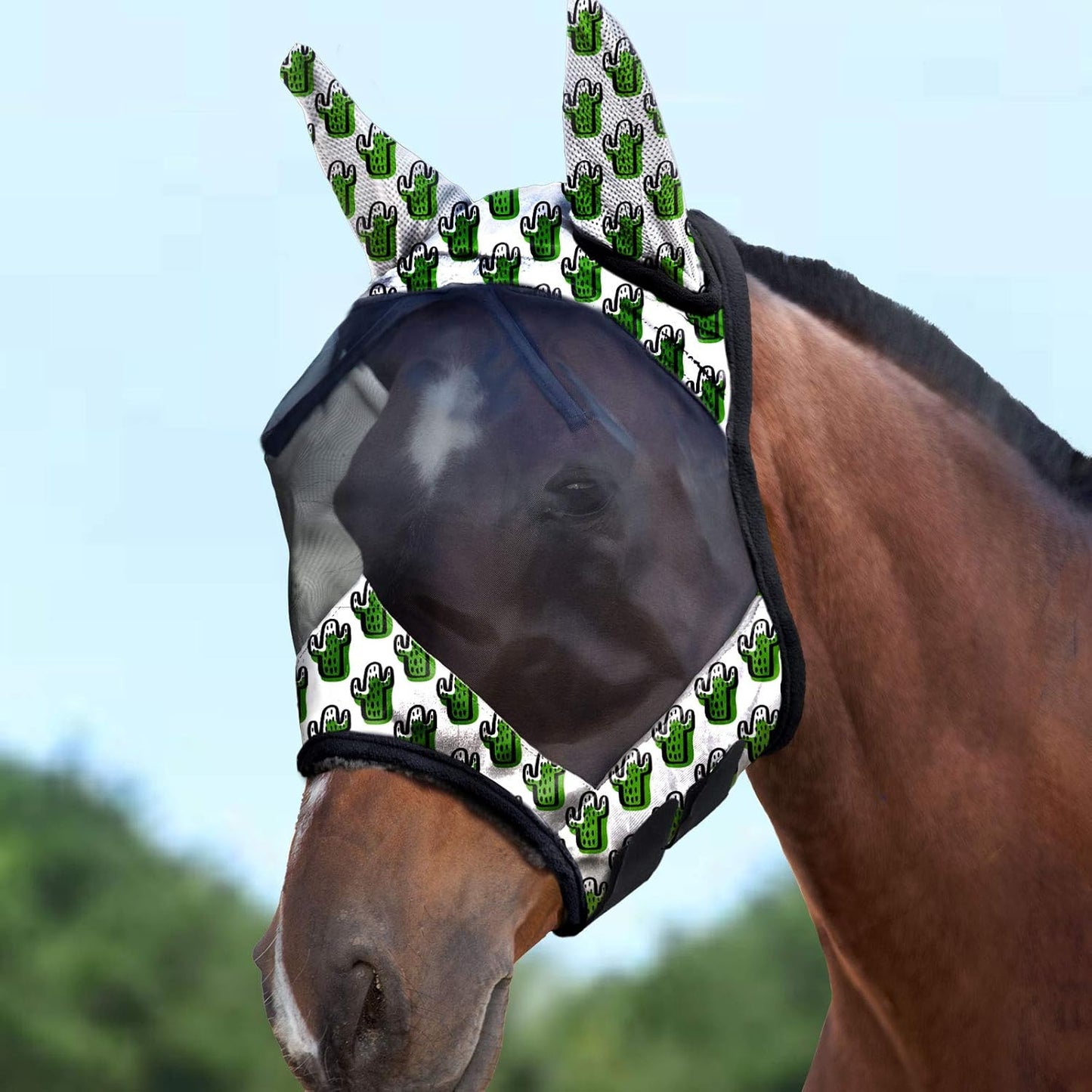 Harrison Howard LumiVista Horse Fly Mask Standard with Ears UV Protection for Horse Green Cactus L Full Size