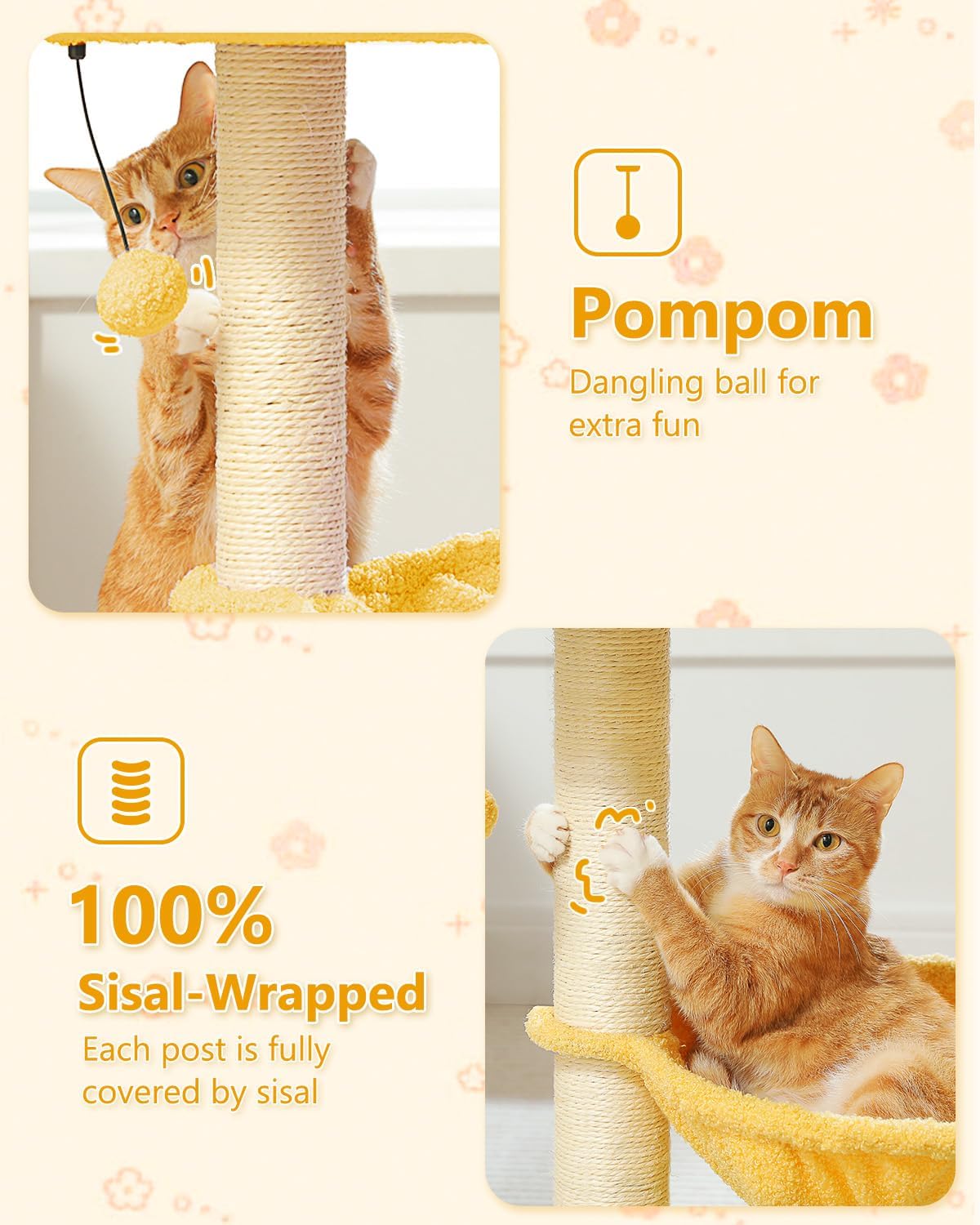 28" Flower Cat Tree Cute with Flower Top Perch, Large Hammock for Indoor Small Cats, Small Cat Tower with Cute Scratching Post and Fur Toy Ball for Kittens, Yellow