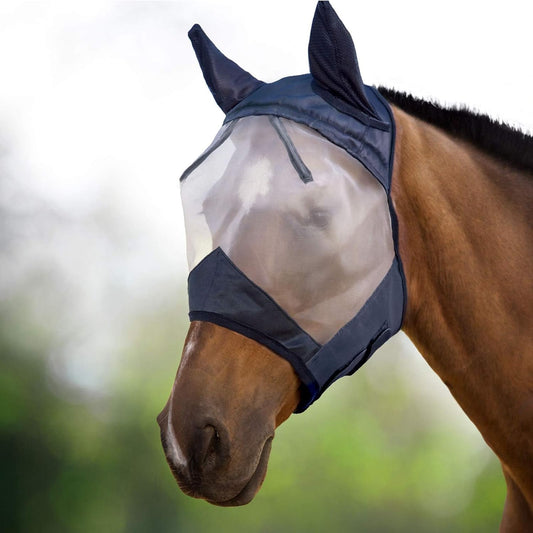 Harrison Howard CareMaster Horse Fly Mask Half Face with Ears Black/Silver Retro XL Extra Full Size