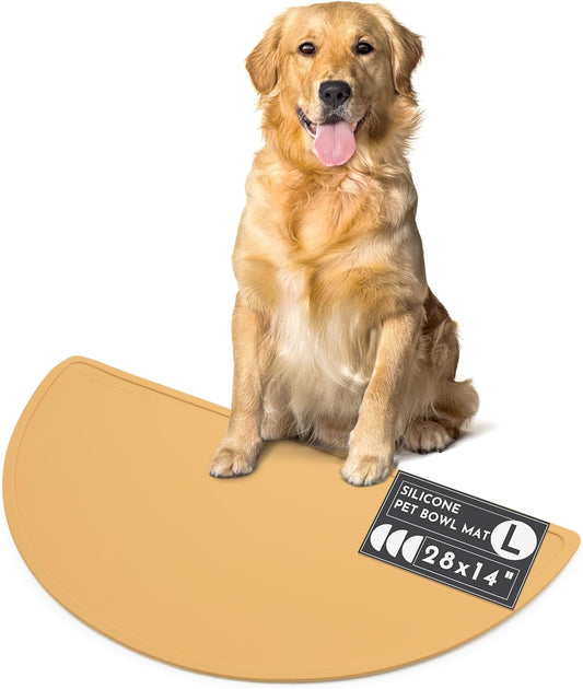 Waterproof Silicone Pet Food Mat - Non-Slip, Spill-Proof Feeding Mats for Floors, Raised Edge Design, Easy-to-Clean, Rubber Mat for Dog & Cat Bowls, 28" Across x 14" Deep, Large-Honey