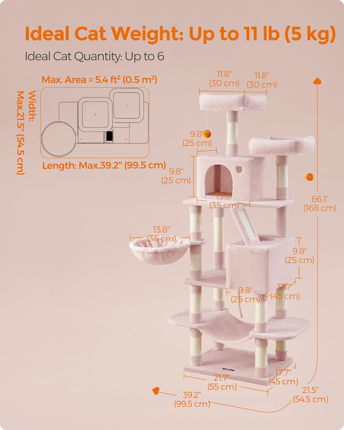 Feandrea Cat Tree, 66.1-Inch Large Cat Tower with 13 Scratching Posts, 2 Perches, 2 Caves, Basket, Hammock, Pompoms, Multi-Level Plush Cat Condo for Indoor Cats, Jelly Pink UPCT165P01