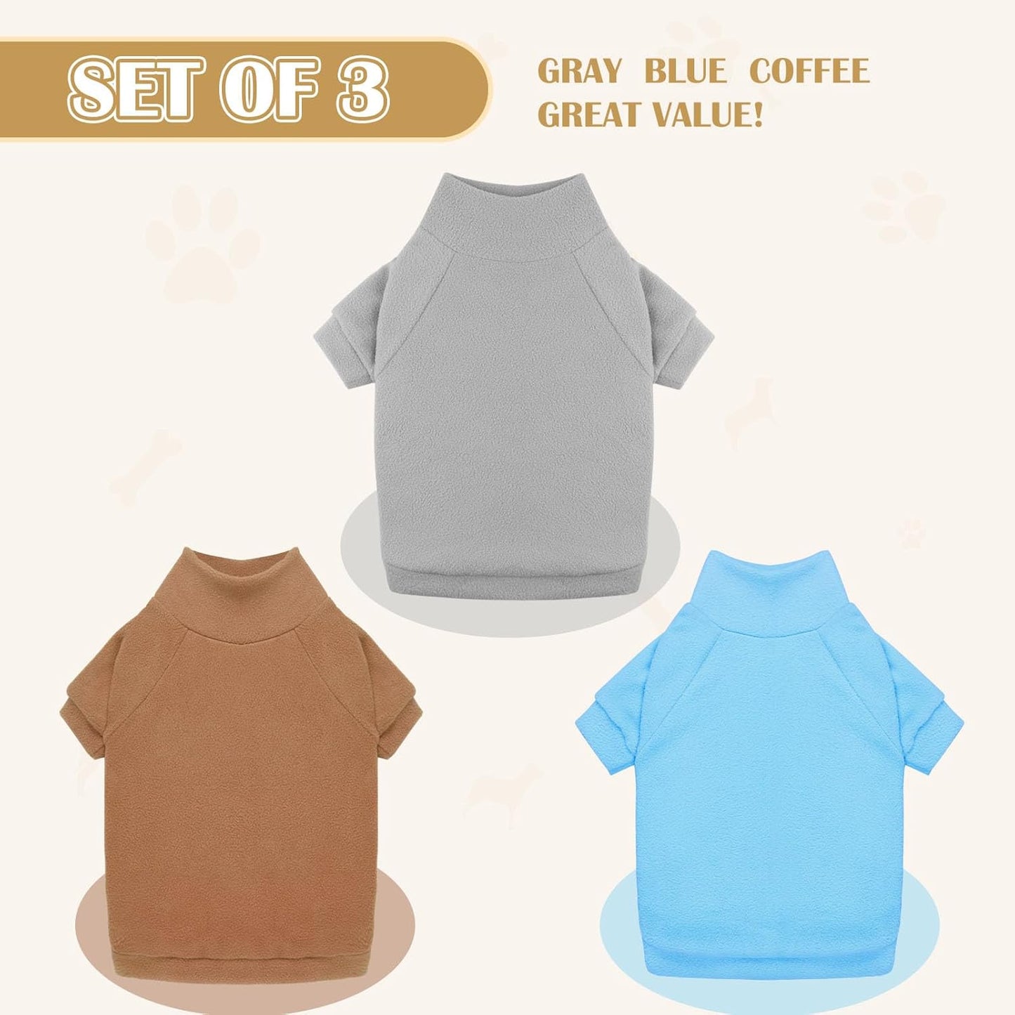 3 Pack Dog Sweaters for Large Dogs, Fleece Dog Sweater Large Pet Clothes Turtleneck Soft Warm Pet Sweatshirt Boy Girl(Gray+Blue+Coffee,L)