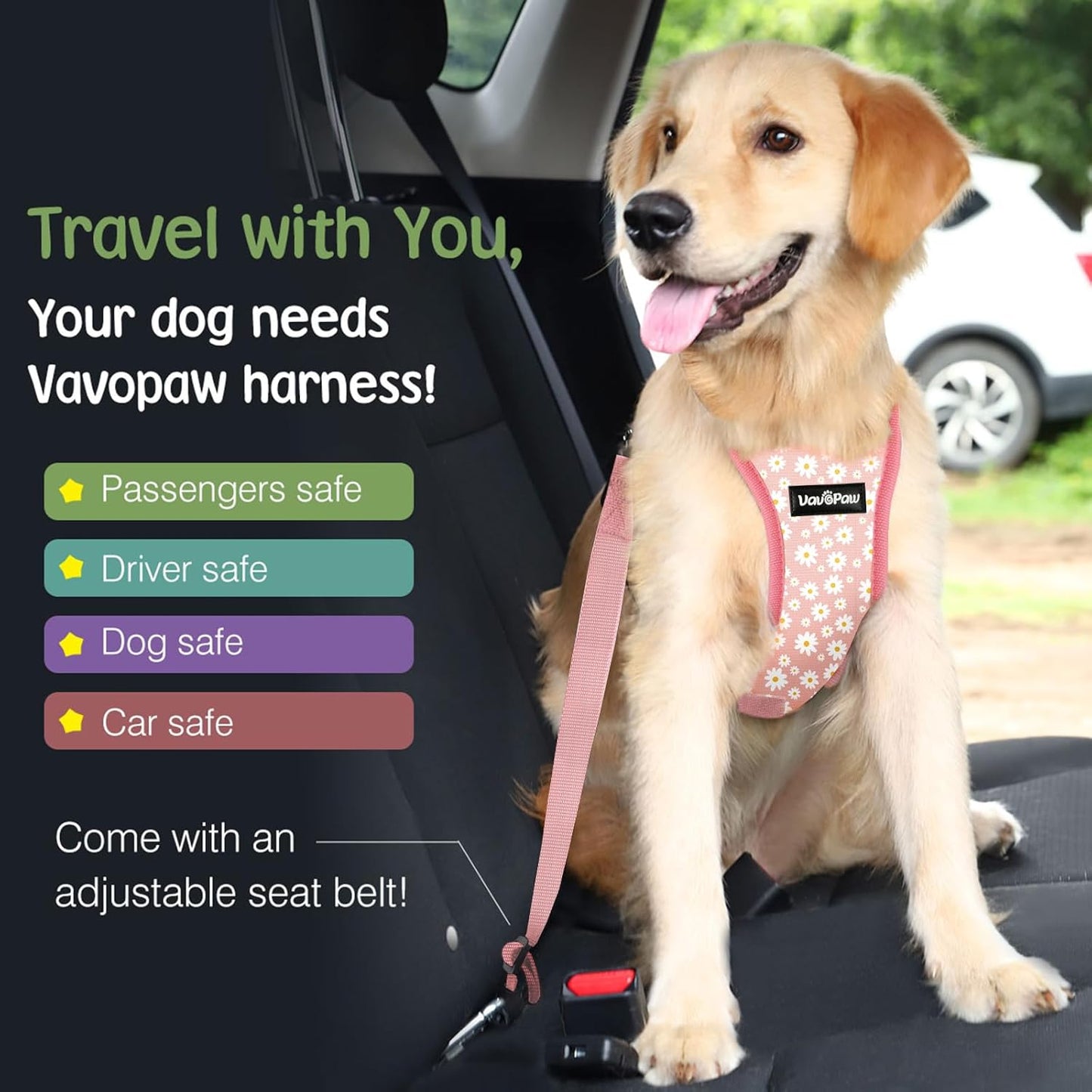 Dog Seat Belt, Safety Vest Dog Car Harness with Adjustable Buckle Dog Seat Belt for Vehicle Nylon Pet Safety Seat Belts Heavy Duty(XL, Pink Daisy)