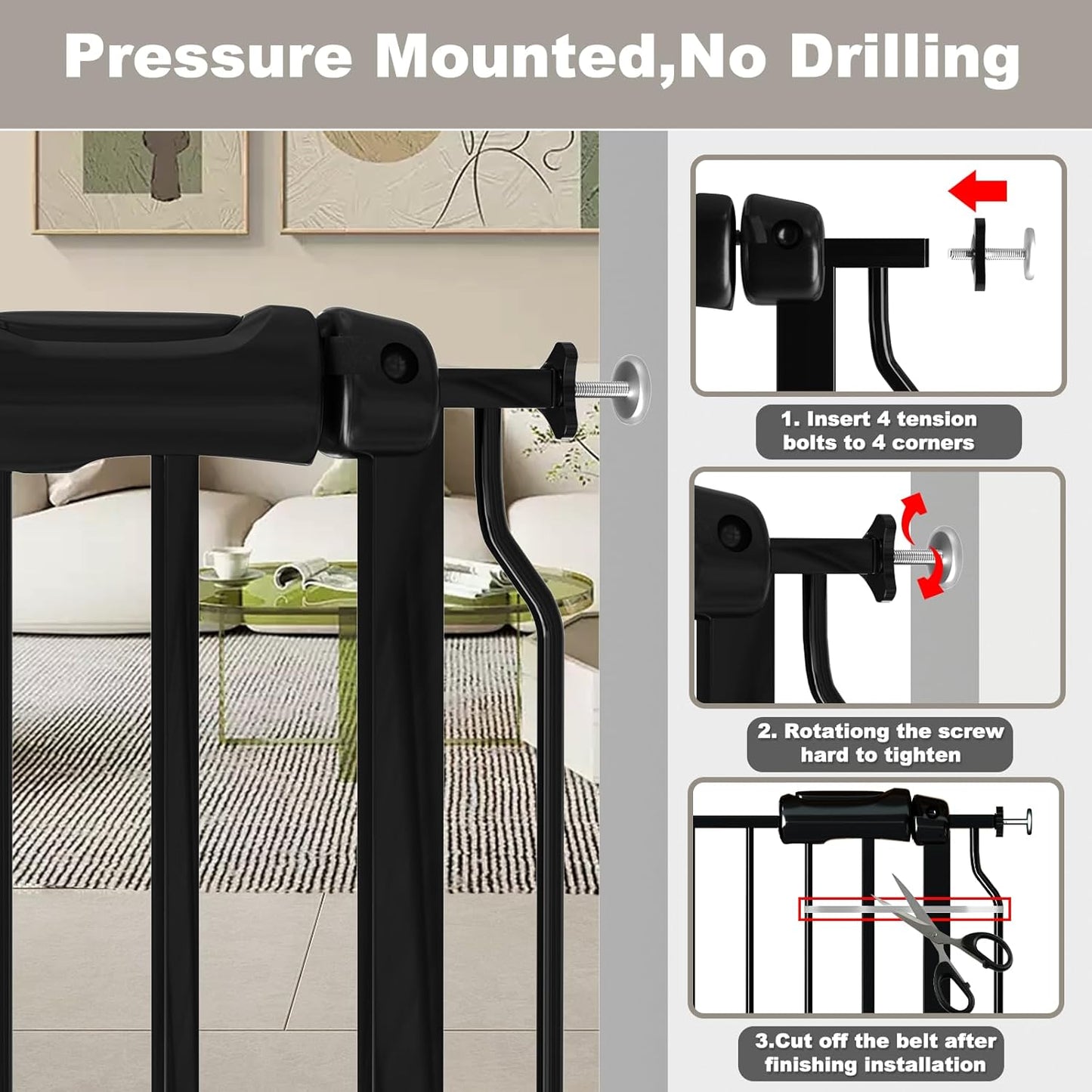 Fairy Baby Extra Wide Baby Gate 71.6-76.3 Inch Wide, Walk Through Pressure Mounted No Drill, Long and Large Tension Gate for Pet and Kids, Black