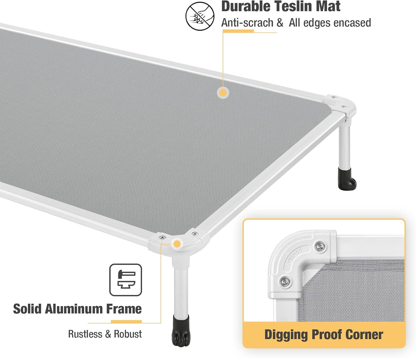 Veehoo Chew Proof Elevated Dog Bed - Cooling Raised Pet Cot - Silver Aluminum Frame and Durable Textilene Mesh Fabric, Unique Designed No-Slip Feet for Indoor or Outdoor Use, Grey, Large, CWC2003