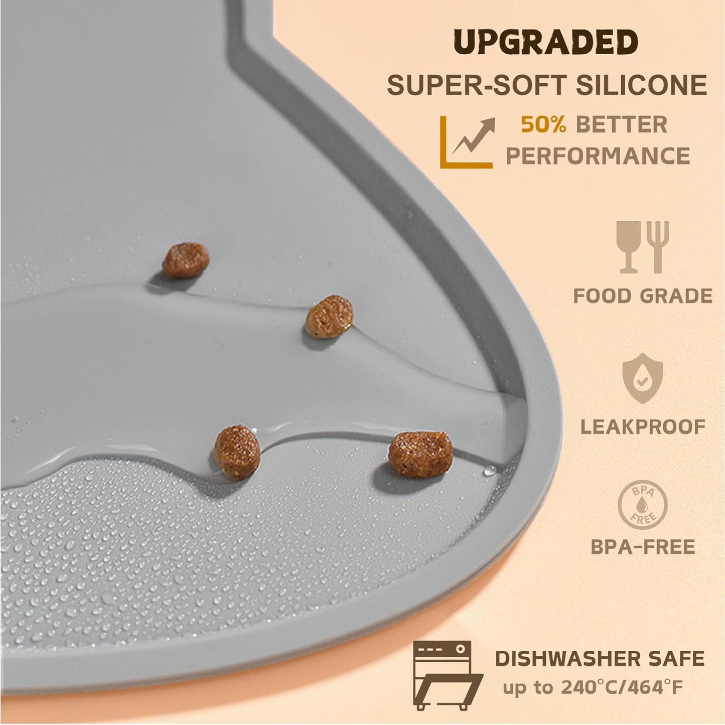 Cat Food Mat, Silicone Pet Feeding Mat for Floor Non-Slip Waterproof Dog Water Bowl Tray Cushion (17" x 10", Dark Gray)